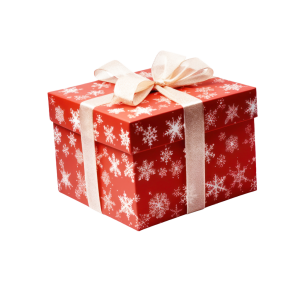 Červeně zabalený vánoční dárek s bílými sněhovými vločkami a krémovou stuhou.
