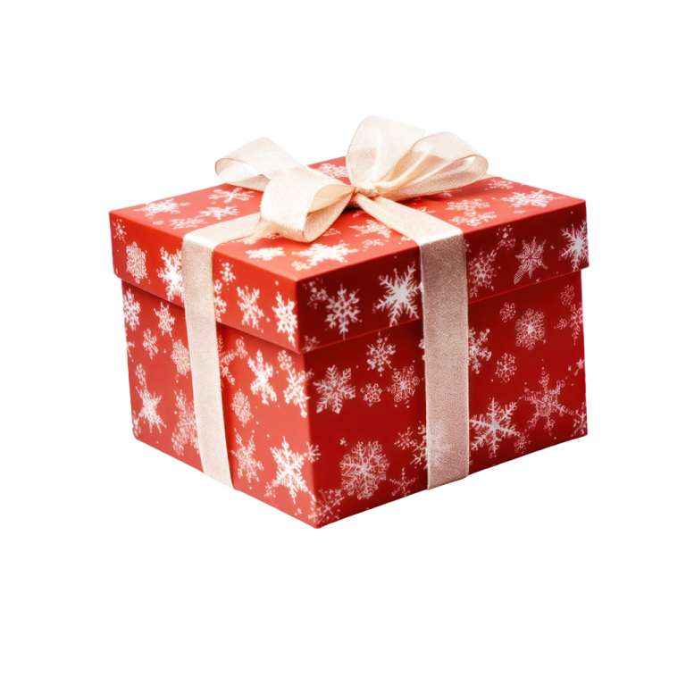 Červeně zabalený vánoční dárek s bílými sněhovými vločkami a krémovou stuhou.