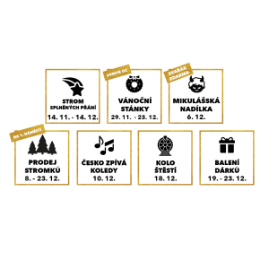 Plakát s programem vánočních akcí v Centralu, zahrnující strom splněných přání, vánoční stánky, mikulášskou nadílku, prodej stromků, zpívání koled, kolo štěstí a balení dárků.