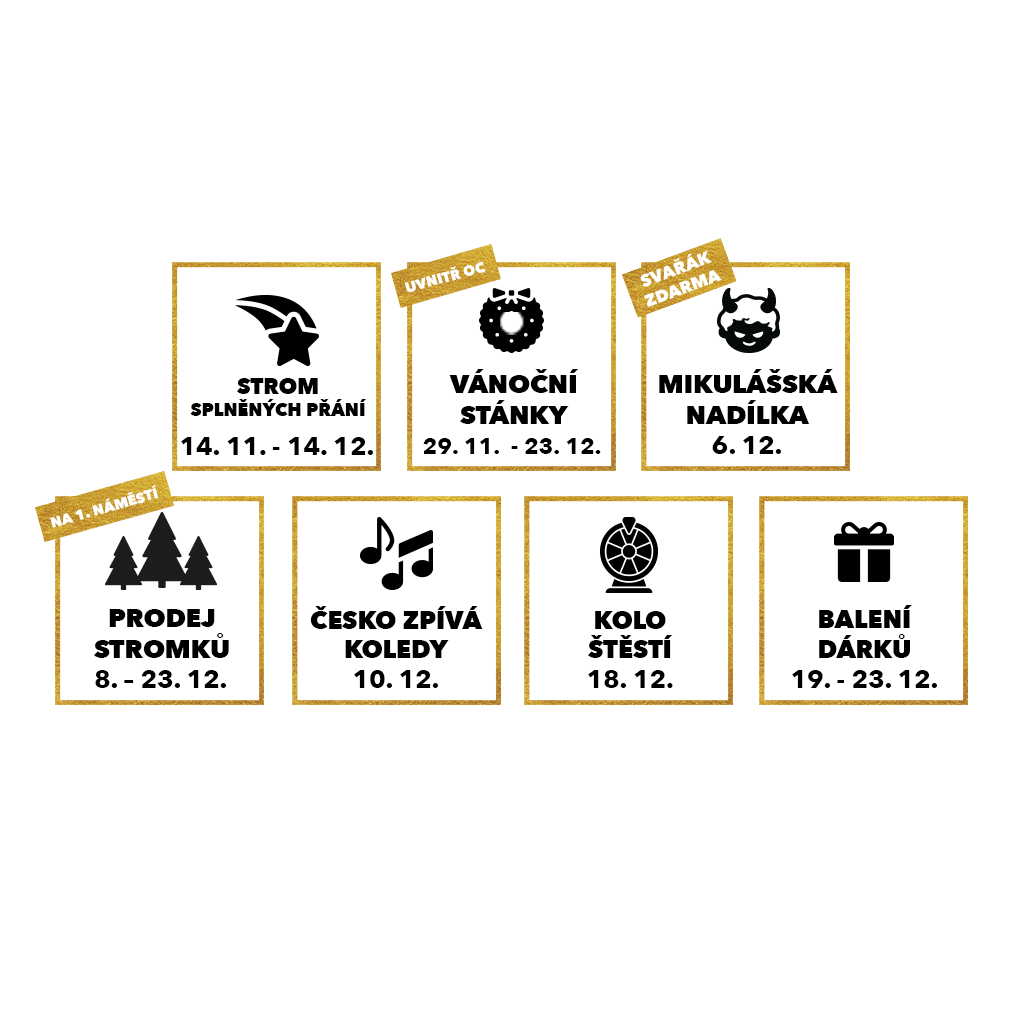Plakát s programem vánočních akcí v Centralu, zahrnující strom splněných přání, vánoční stánky, mikulášskou nadílku, prodej stromků, zpívání koled, kolo štěstí a balení dárků.