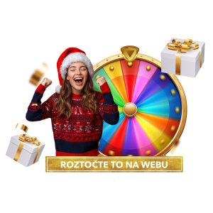 Žena v santovské čepici a vánočním svetru radostně zvedá ruce vedle pestrobarevného kola štěstí. Kolem jsou dárky s mašlí. Text na obrázku: "ROZTOČTE TO NA WEBU".