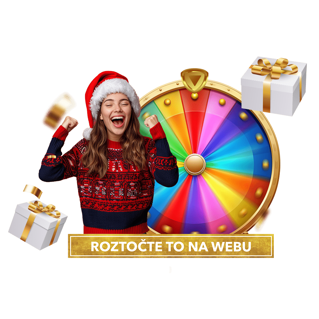 Žena v santovské čepici a vánočním svetru radostně zvedá ruce vedle pestrobarevného kola štěstí. Kolem jsou dárky s mašlí. Text na obrázku: "ROZTOČTE TO NA WEBU".