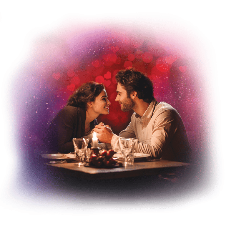 Pár sedí u romanticky osvětleného stolu, drží se za ruce a usmívá se na sebe v kouzelné valentýnské atmosféře.