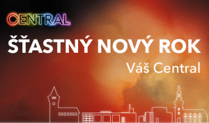 Obrázek s nápisem "Šťastný Nový rok" a logem Central v neonových barvách na pozadí s nádechem oranžové a červené barvy. V dolní části jsou siluety budov.