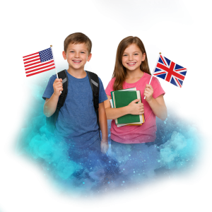 Dvě děti držící americkou a britskou vlajku, usmívající se s učebnicemi v rukou, na modrém kouřovém pozadí.