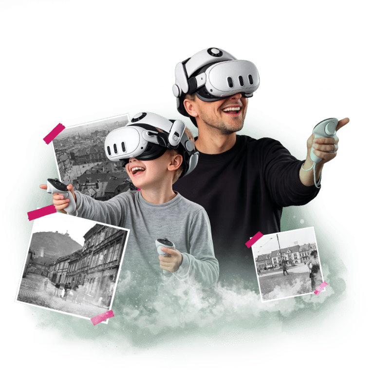 Dospělý a dítě s VR brýlemi, staré fotografie v pozadí