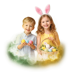 Dvě děti s velikonočními vajíčky a košíkem, dívka má na hlavě králičí ouška, usmívají se v barevném jarním prostředí.