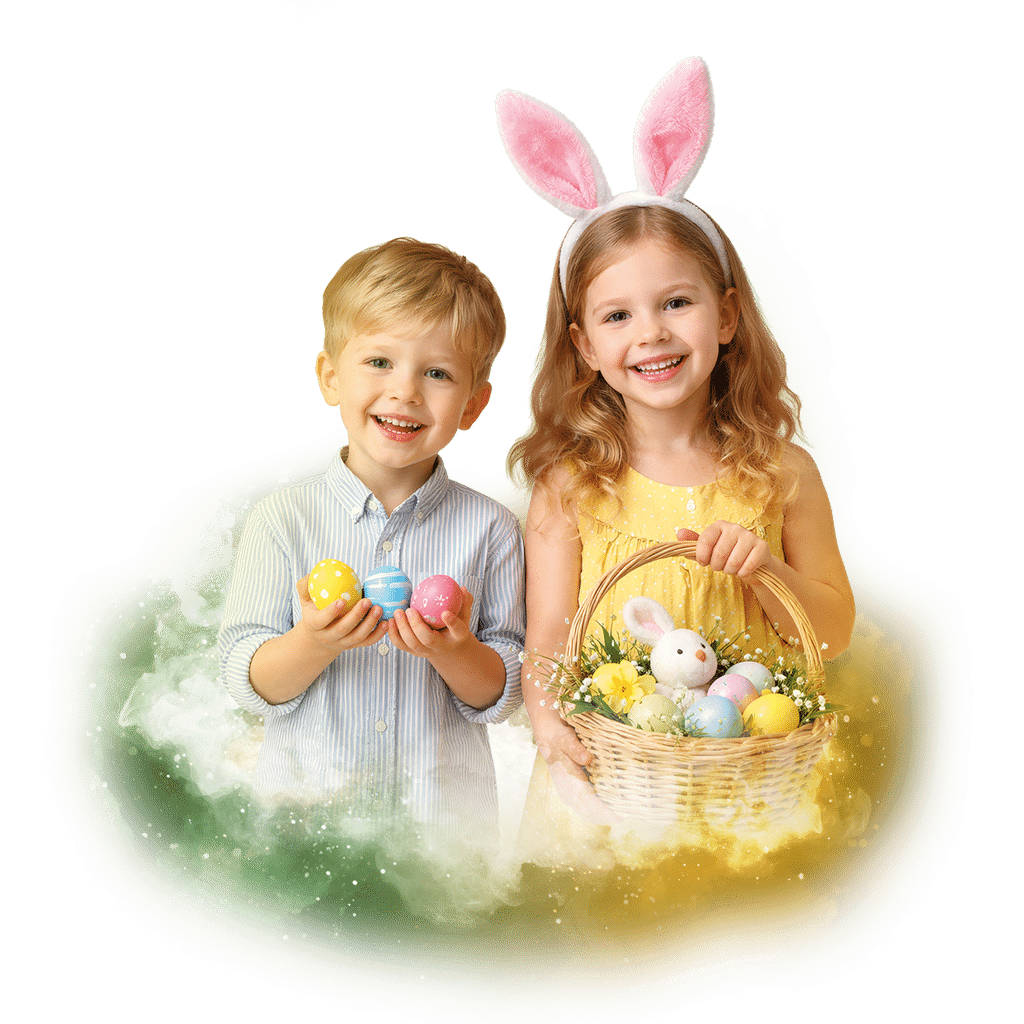 Dvě děti s velikonočními vajíčky a košíkem, dívka má na hlavě králičí ouška, usmívají se v barevném jarním prostředí.