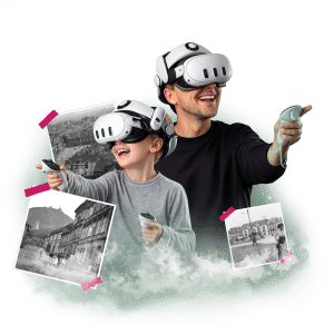 Dítě a dospělý se smějí při používání VR brýlí, v pozadí jsou historické fotografie města Most.