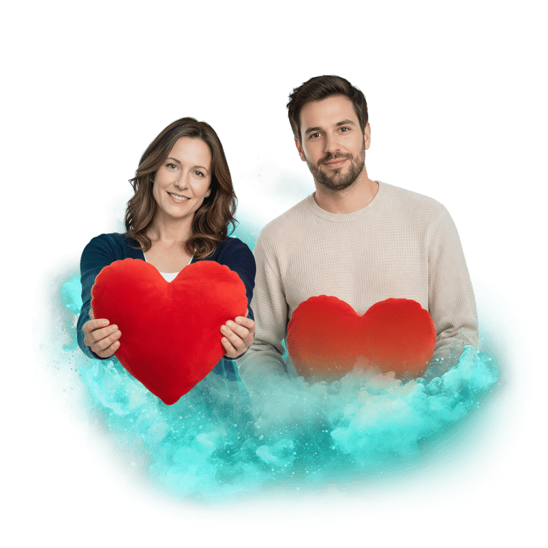 ALT text: Dva lidé drží červená srdce na zelenomodrém pozadí