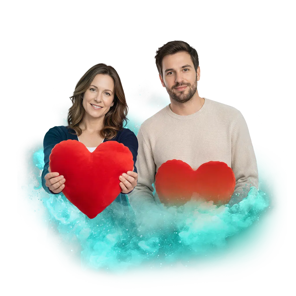 ALT text: Dva lidé drží červená srdce na zelenomodrém pozadí