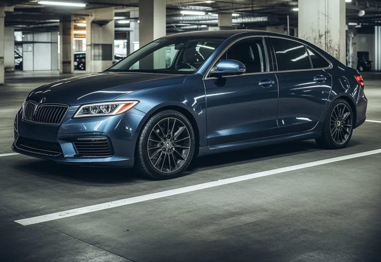 Tmavě modré auto zaparkované v podzemní garáži nákupního centra