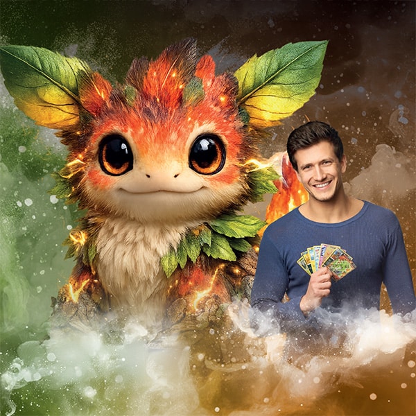 Dospělý muž drží karty vedle zvířete s listy