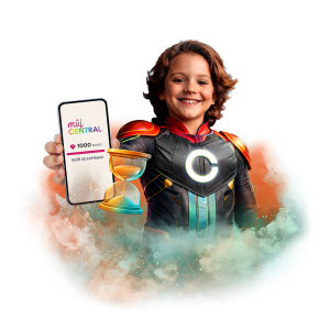 Chlapec v kostýmu superhrdiny drží telefon s aplikací Můj Central ukazující 1000 bodů a nápisem "Blíží se expirace", vedle přesýpacích hodin.