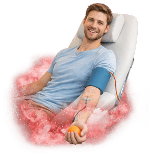 Muž sedící na křesle během darování plazmy, s úsměvem na tváři a oranžovým míčkem v ruce, obklopený červenou grafickou aurou.