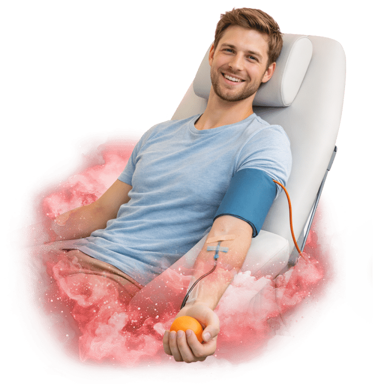 Muž sedící na křesle během darování plazmy, s úsměvem na tváři a oranžovým míčkem v ruce, obklopený červenou grafickou aurou.