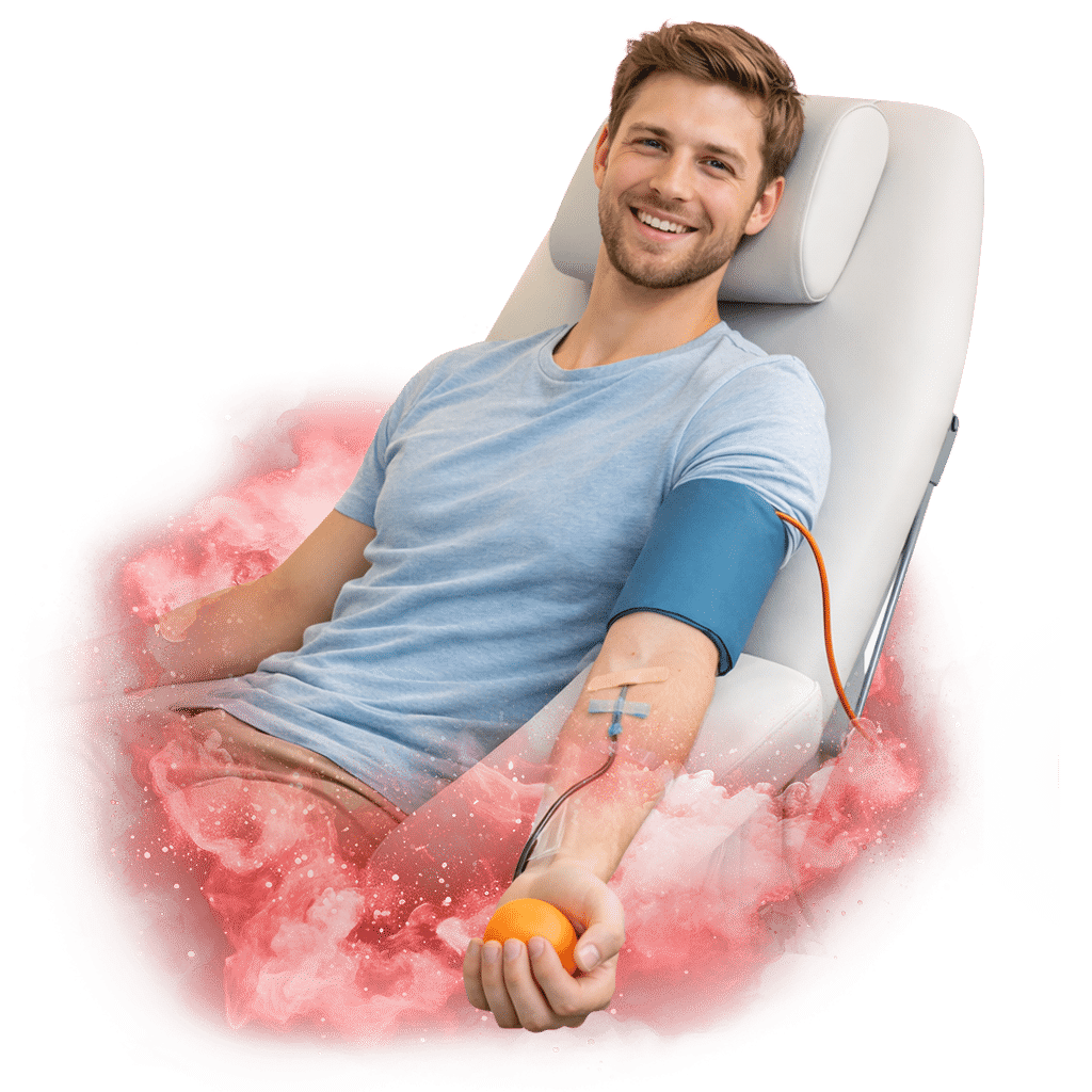 Muž sedící na křesle během darování plazmy, s úsměvem na tváři a oranžovým míčkem v ruce, obklopený červenou grafickou aurou.