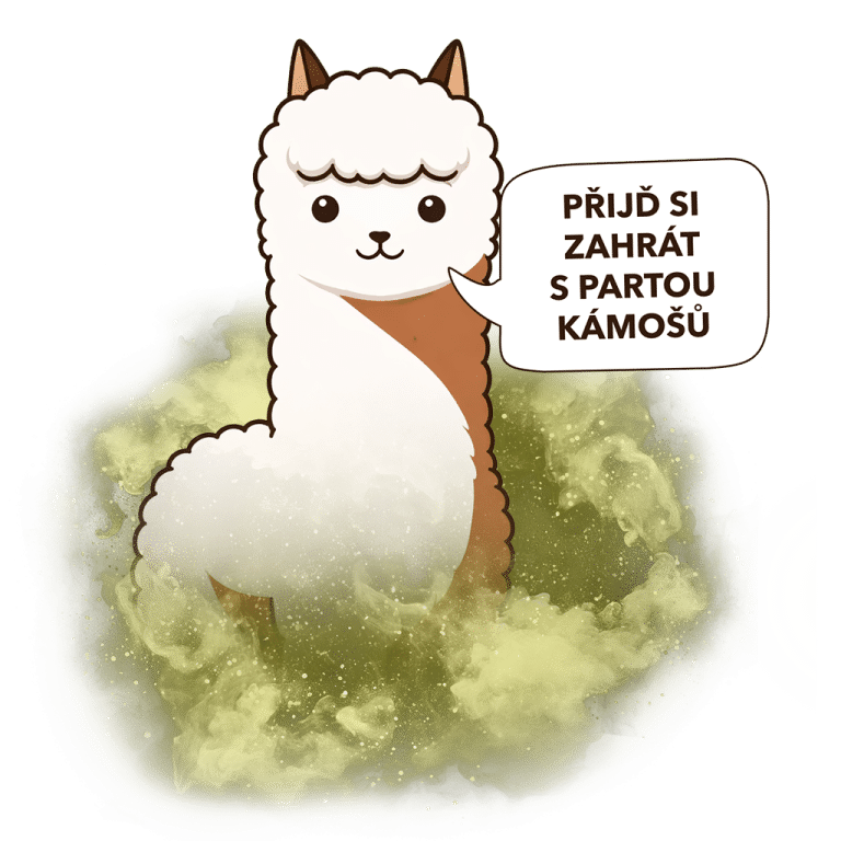 Ilustrace stylizované lamy s bublinou, ve které je napsáno "Přijď si zahrát s partou kámošů", v zeleném kouřovém pozadí.