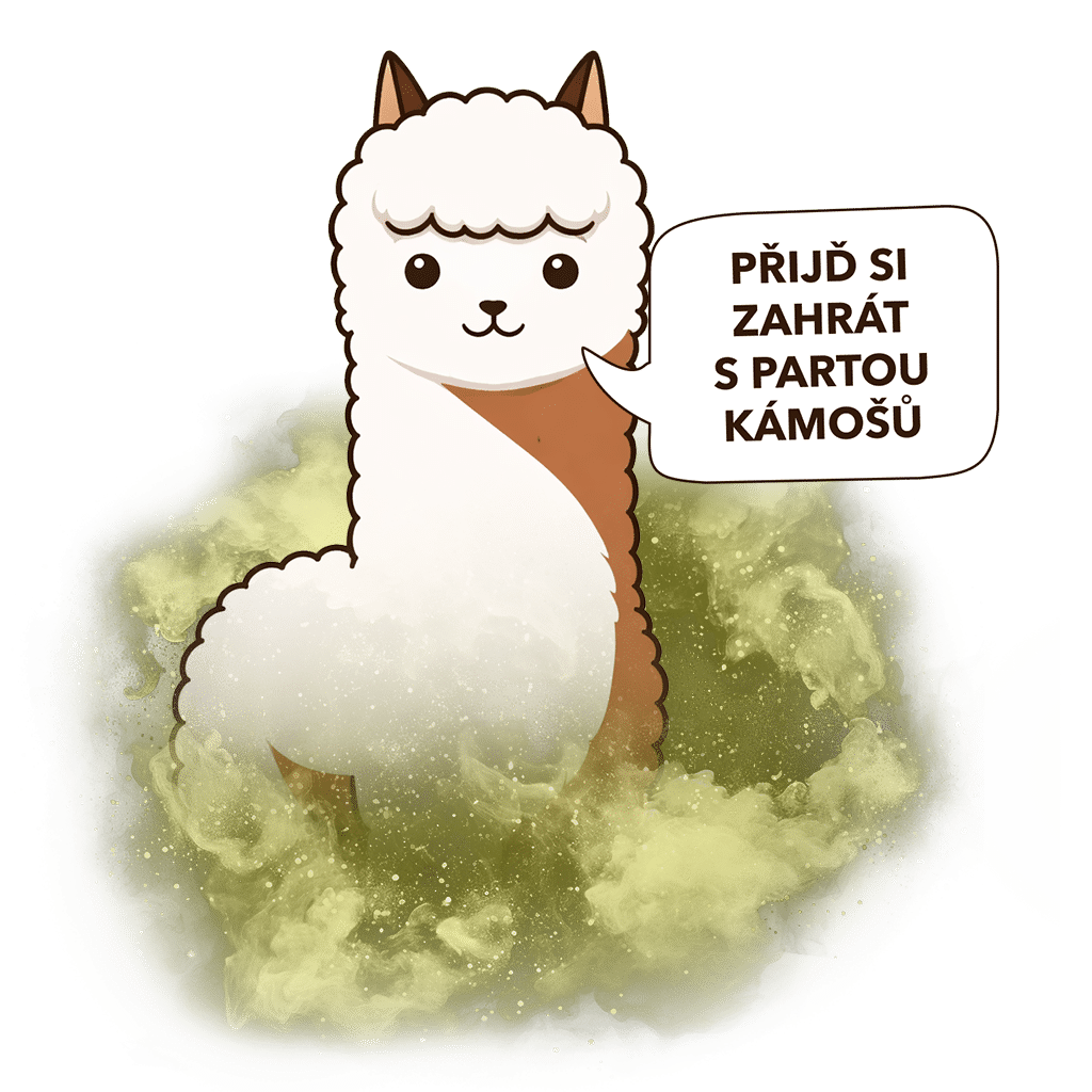 Ilustrace stylizované lamy s bublinou, ve které je napsáno "Přijď si zahrát s partou kámošů", v zeleném kouřovém pozadí.