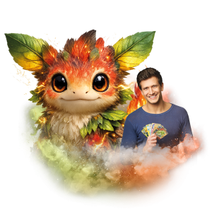 Obrázek s moderátorem, který drží Pokémon karty, vedle ilustrace fantastické bytosti s listovými uši v zářivých barvách.