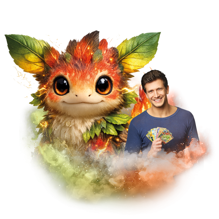 Obrázek s moderátorem, který drží Pokémon karty, vedle ilustrace fantastické bytosti s listovými uši v zářivých barvách.