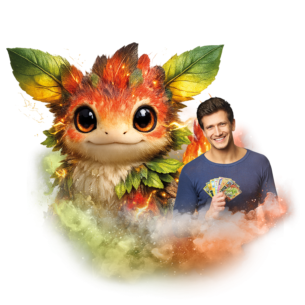 Obrázek s moderátorem, který drží Pokémon karty, vedle ilustrace fantastické bytosti s listovými uši v zářivých barvách.