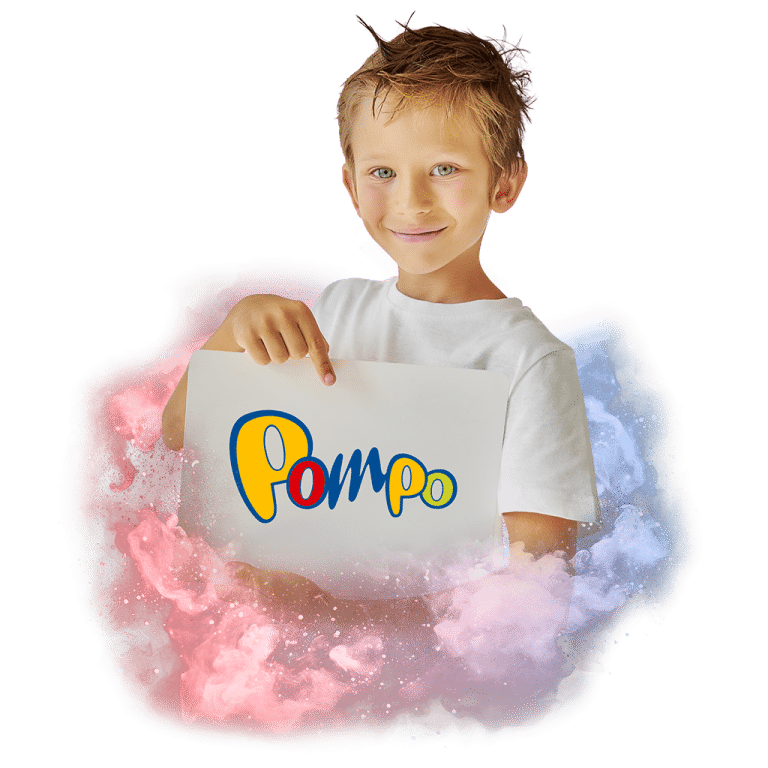 Dítě držící logo hračkářství Pompo, obklopené barevným kouřovým efektem.