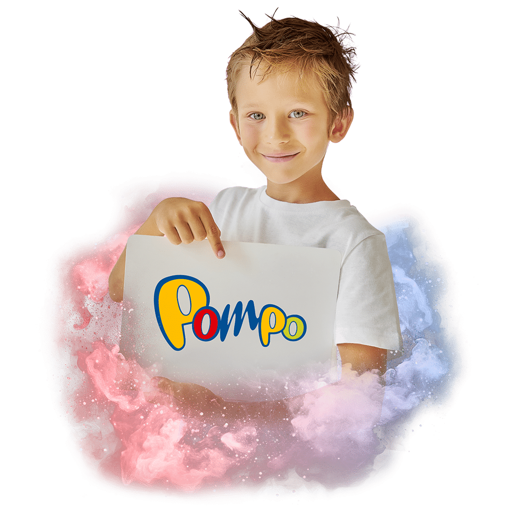 Dítě držící logo hračkářství Pompo, obklopené barevným kouřovým efektem.
