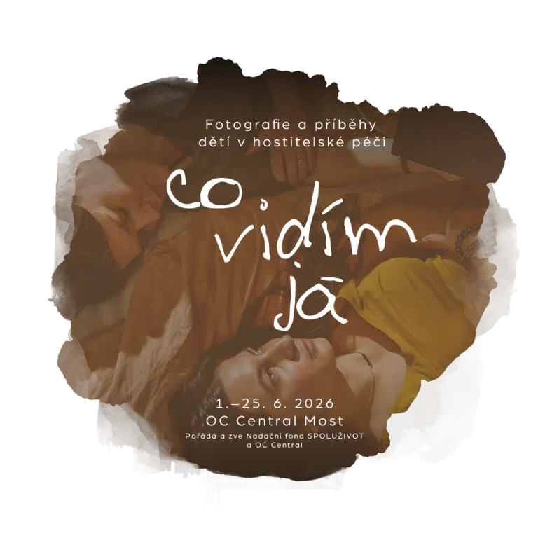 Plakát výstavy "Co vidím já" s fotografiemi dětí v hostitelské péči, zobrazující tři ležící osoby a text o konání akce v OC Central Most.