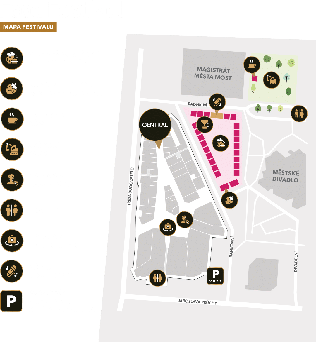Mapa festivalu s vyznačenými stánky a parkovišti