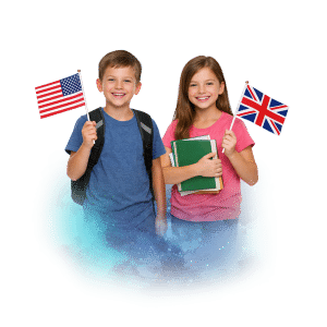 Dva děti s vlajkami USA a Velké Británie