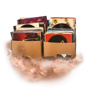 Dvě krabice plné různorodých vinylových desek