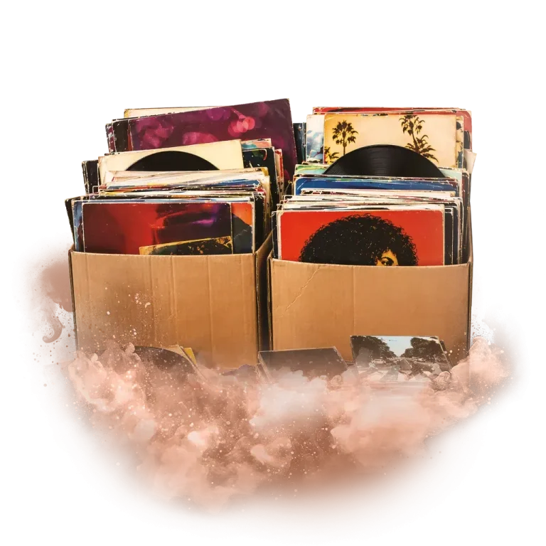 Dvě krabice plné různorodých vinylových desek