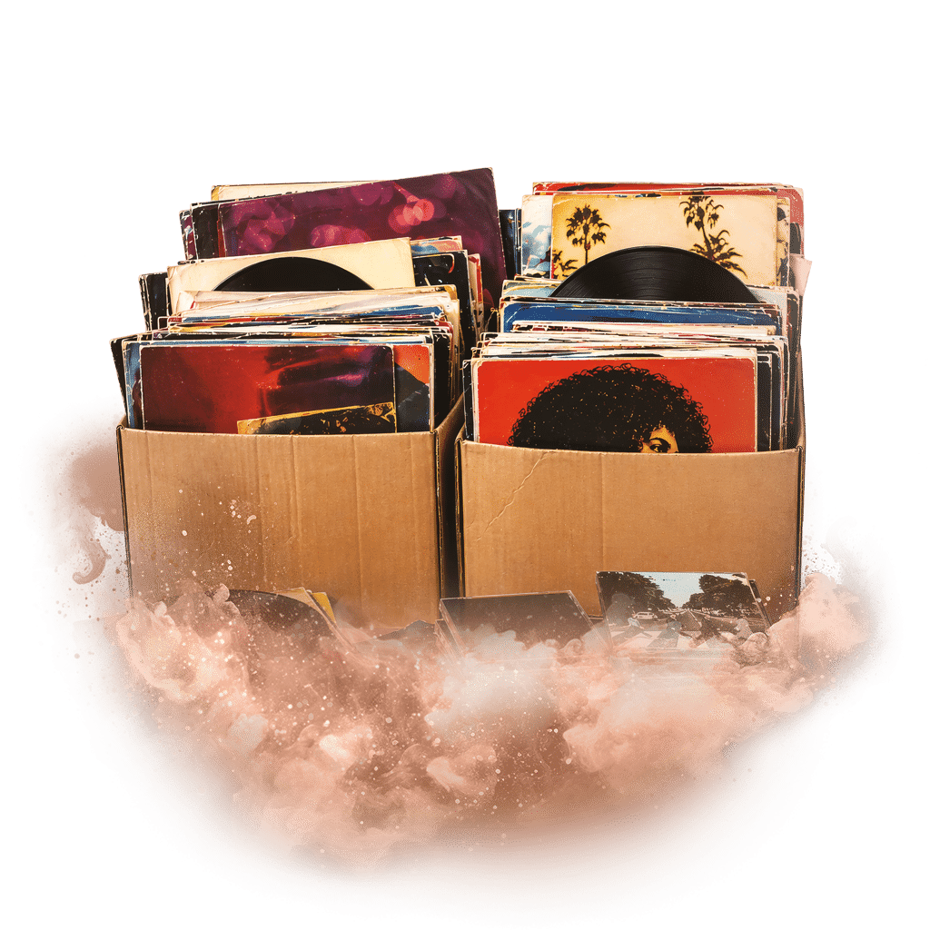 Dvě krabice plné vinylových desek s barevnými obaly, připravené na prodej na burze LP a CD.