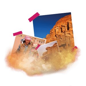 Fotografie muže v tradičním oděvu a Petry v Jordánsku