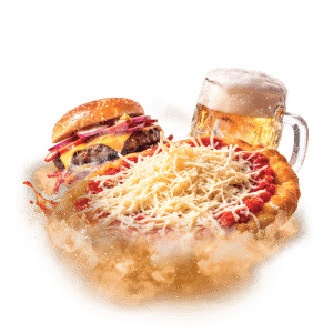 Obrázek zobrazuje burger, langoš s rajčatovou omáčkou a sýrem a sklenici piva jako symboly Food Festivalu při oslavě 18. narozenin Centralu.