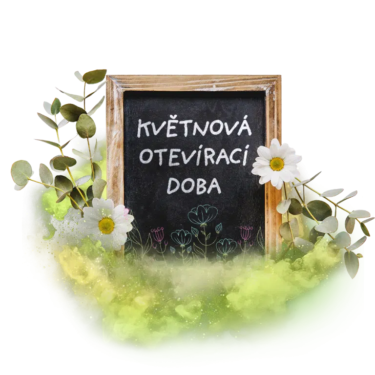 Tabule s nápisem "Květnová otevírací doba" obklopená květinami a zelení.