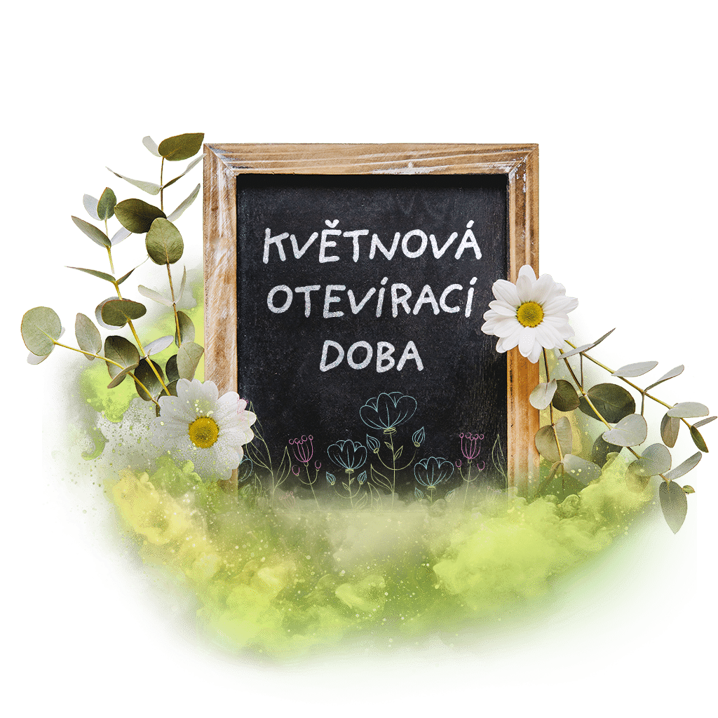 Tabule s nápisem "Květnová otevírací doba" obklopená květinami a zelení.