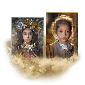 Dvě portrétní fotografie dívek s květinami v kompozici