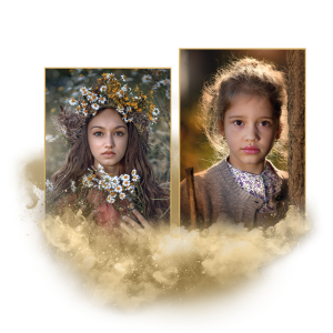 Dvě portrétní fotografie dívek s květinovými motivy, zasazené do zlatého rámu s kouřovým efektem v popředí.