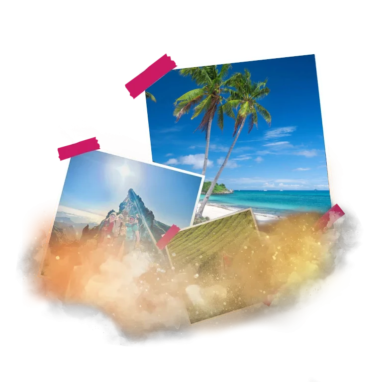 Tři fotografie tropických míst s palem a horou