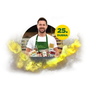 Muž v zelené zástěře s nápisem "Sbírka potravin" drží košík s potravinami. Vedle něj je datum "25. dubna" na žlutém pozadí.