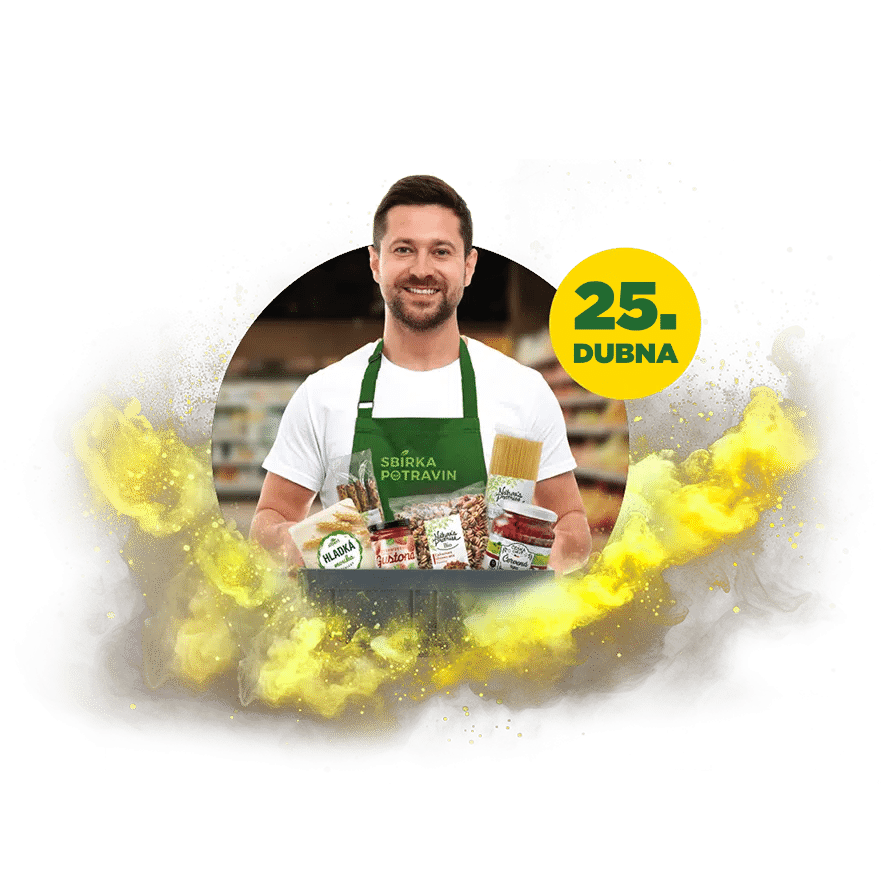 Muž v zelené zástěře s nápisem "Sbírka potravin" drží košík s potravinami. Vedle něj je datum "25. dubna" na žlutém pozadí.