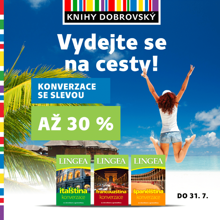 Žena skáče radostí na pláži, různé konverzační knihy