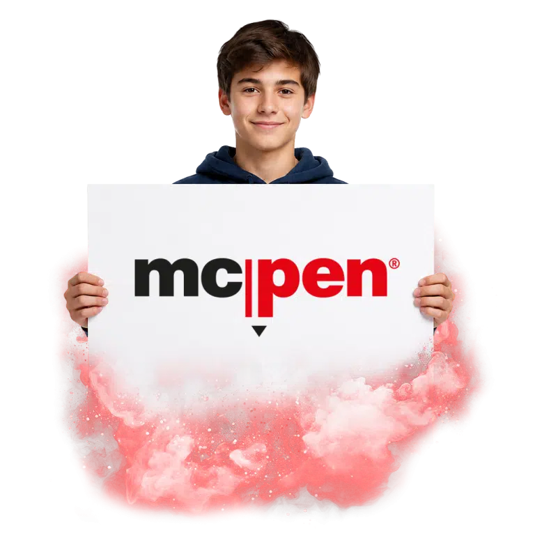 Mladý člověk drží tabuli s logem McPen na pozadí červeného kouře.