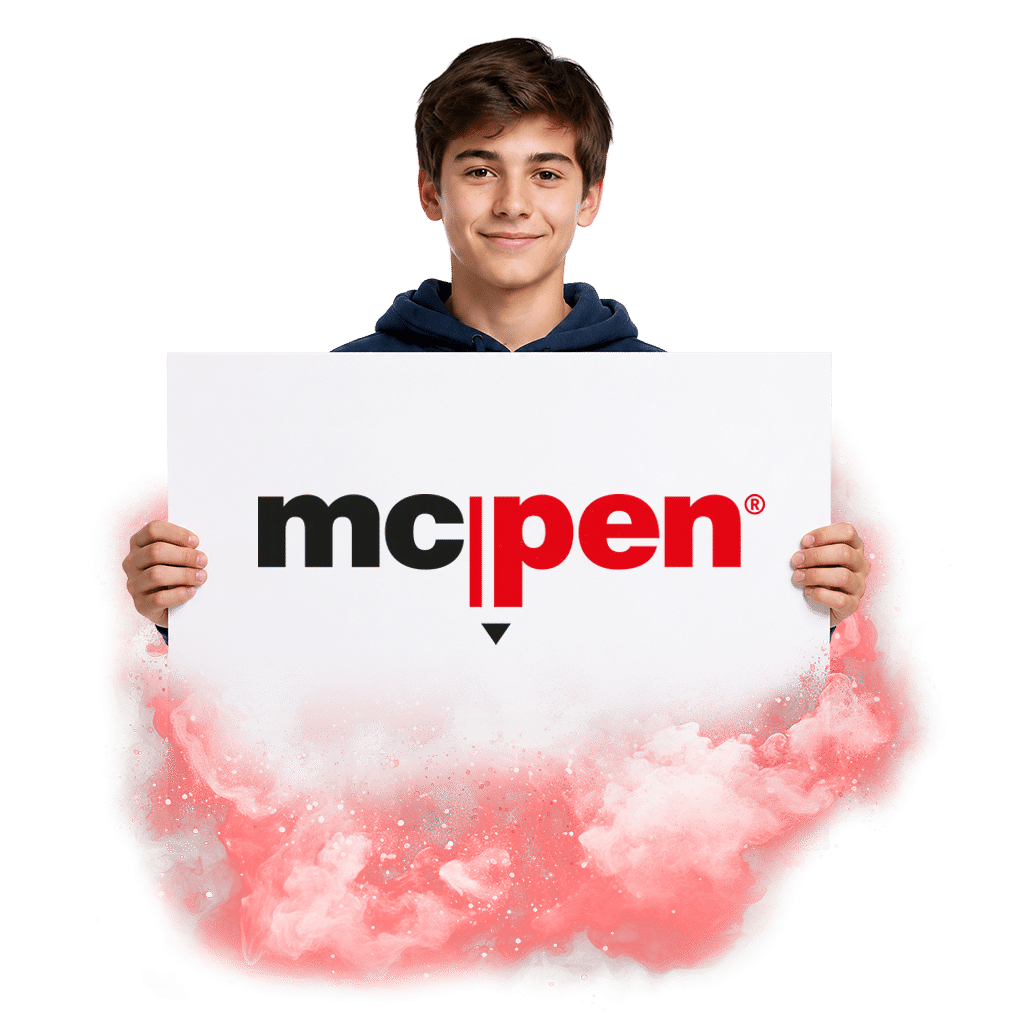 Mladý člověk drží tabuli s logem McPen na pozadí červeného kouře.