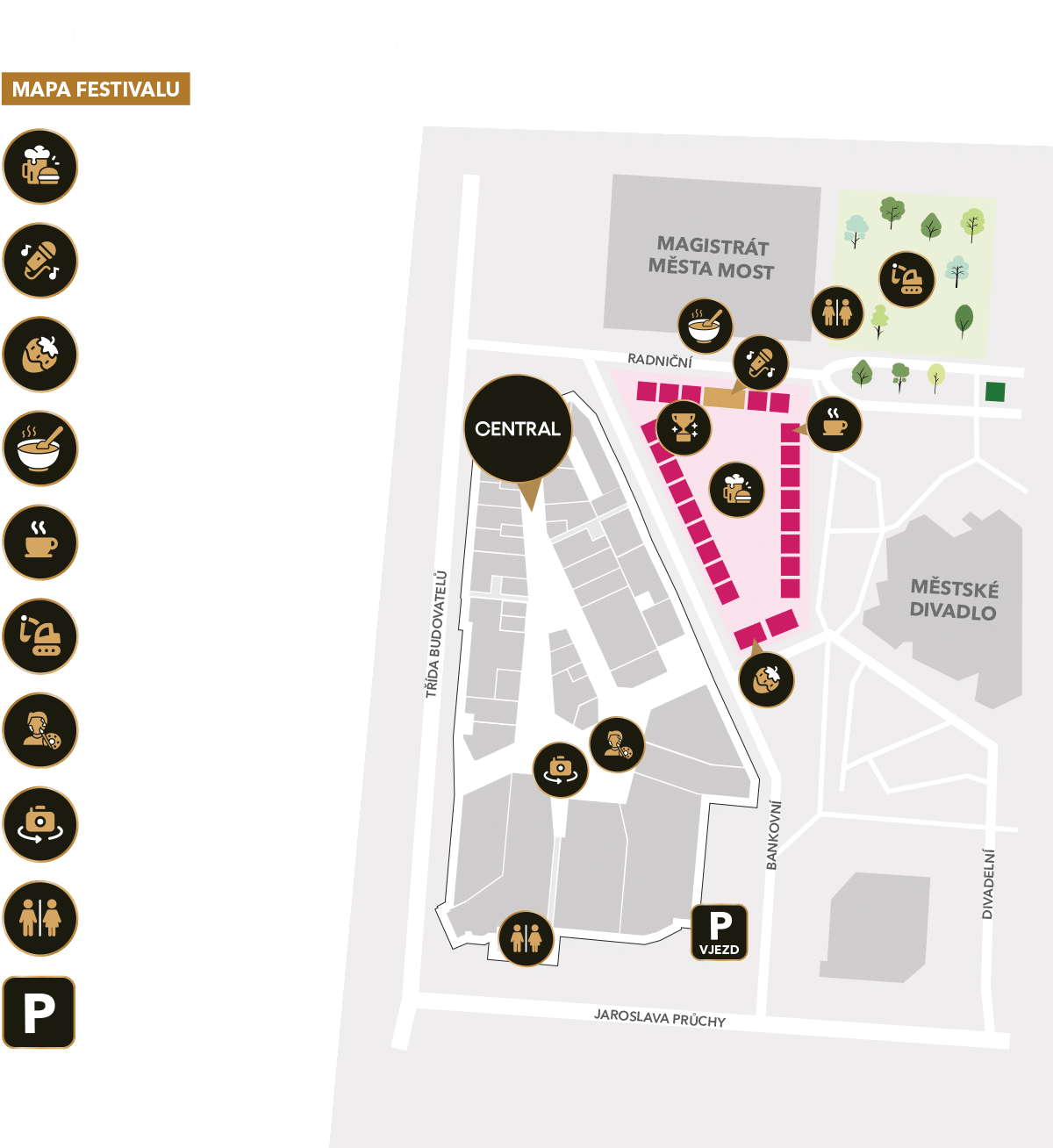 Mapa food festivalu s označenými důležitými místy a legendou
