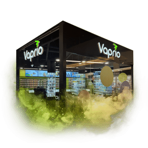 Obchod Vaprio s moderním designem, obklopený kouřovými efekty, se nachází v nákupním centru.