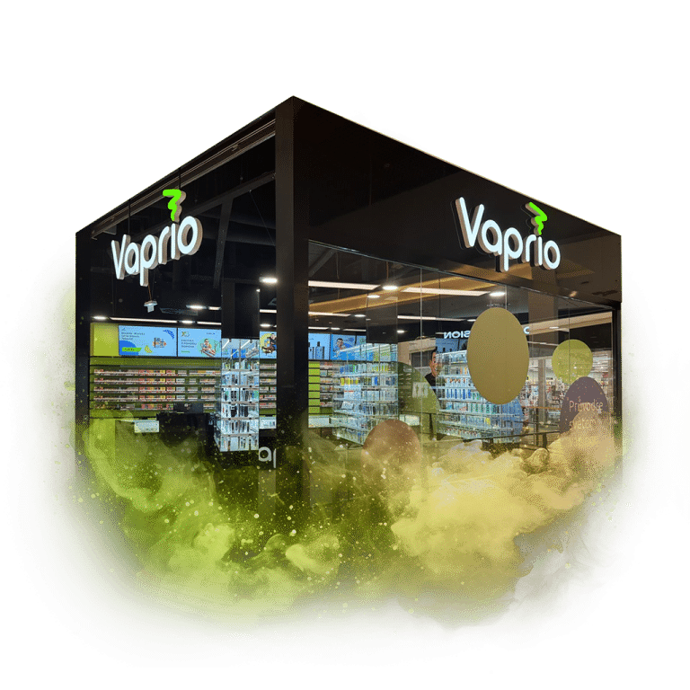 Obchod Vaprio s moderním designem, obklopený kouřovými efekty, se nachází v nákupním centru.