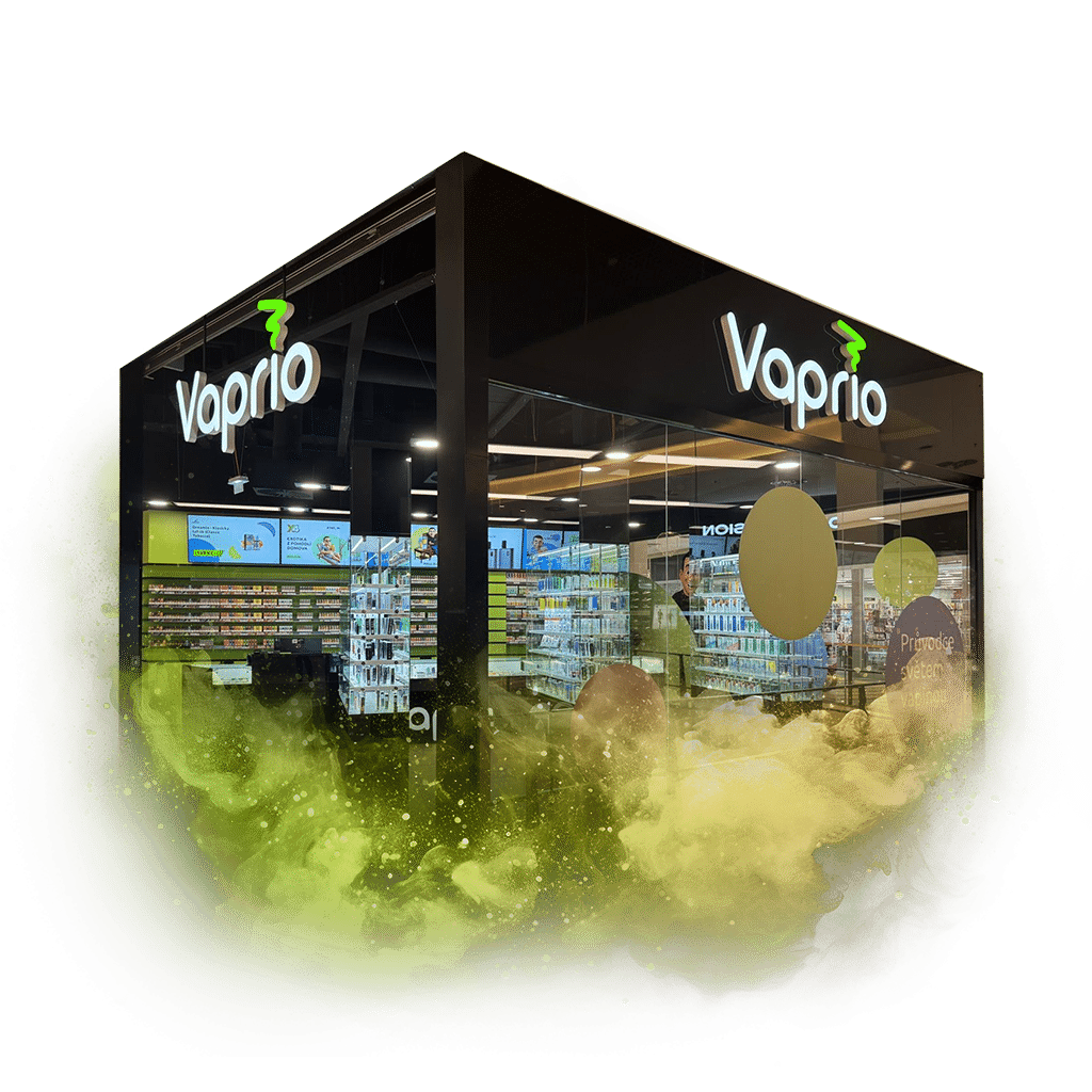 Obchod Vaprio s moderním designem, obklopený kouřovými efekty, se nachází v nákupním centru.